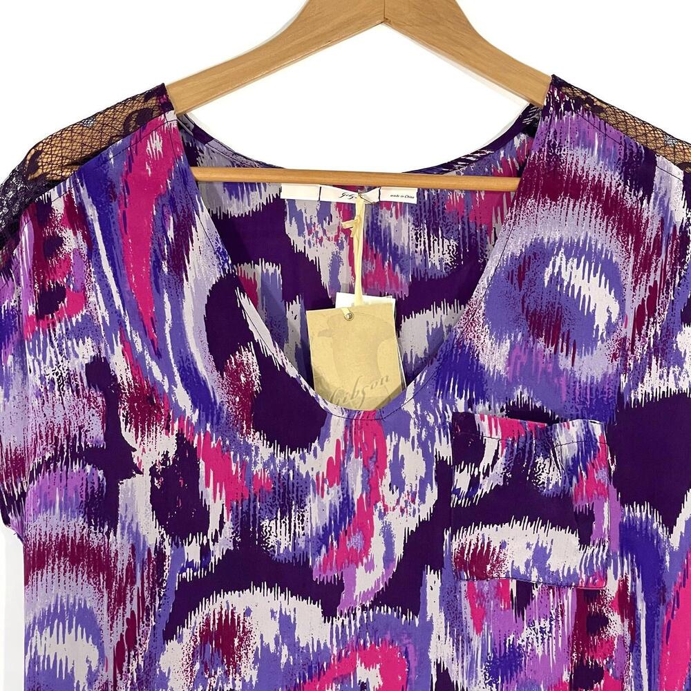 Gibson Women’s Size Small Antique Purple 100% Silk Short Sleeve Pocket Blouse - Picture 2 of 10